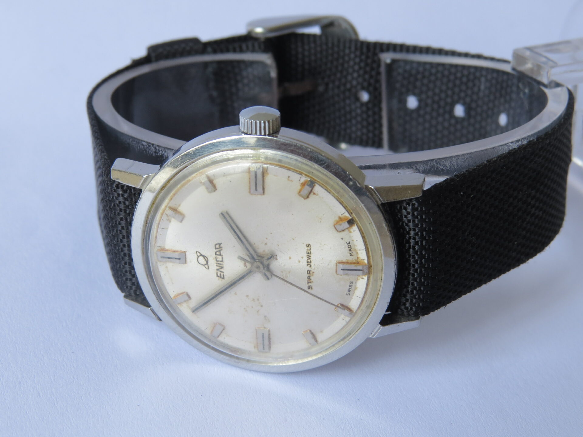 IMG_4321 Vintage Swiss Made ENICAR STAR JEWELS Hand Winding Oceam Pearl Incabloc Mechanical Wrist Watch - 35 mm Case Dia : White Color Dial : Model. 140-21-01 : B1128 - Image 5