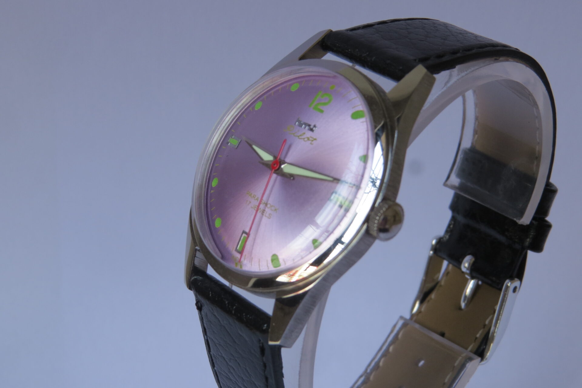 IMG_6121 Vintage HMT Pilot Hand Winding Mechanical Wrist Watch : 17 Jewels : - 35 mm Case Dia : Light Pink Color Dial ( Sun Burst ) : Model. 417048 : B1520 - Image 3