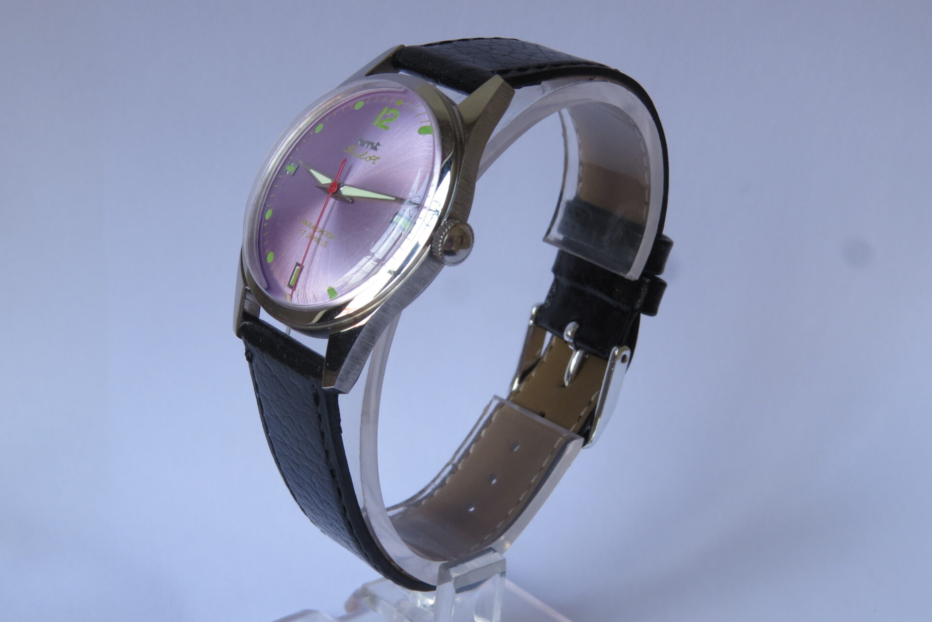 IMG_6122 Vintage HMT Pilot Hand Winding Mechanical Wrist Watch : 17 Jewels : - 35 mm Case Dia : Light Pink Color Dial ( Sun Burst ) : Model. 417048 : B1520 - Image 4