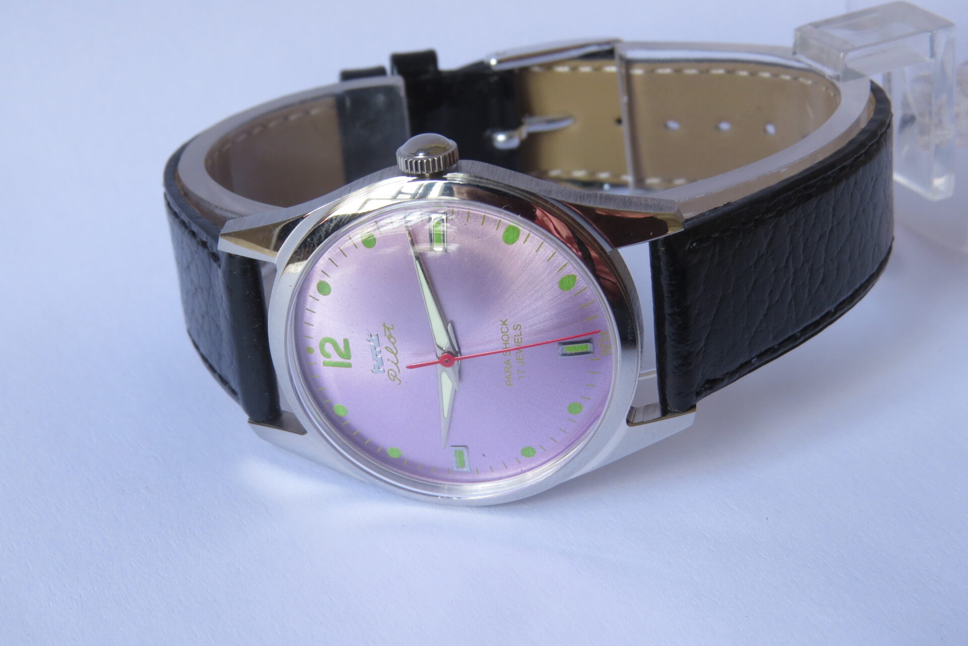 IMG_6123 Vintage HMT Pilot Hand Winding Mechanical Wrist Watch : 17 Jewels : - 35 mm Case Dia : Light Pink Color Dial ( Sun Burst ) : Model. 417048 : B1520 - Image 5