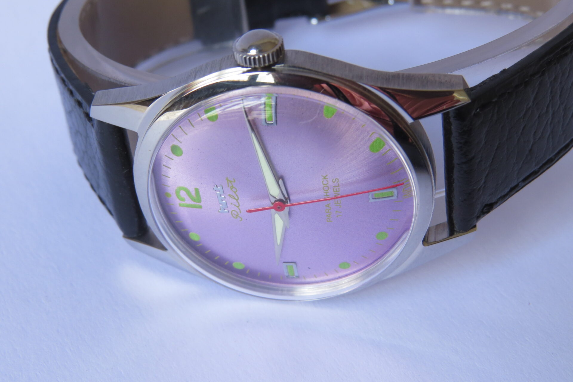 IMG_6124 Vintage HMT Pilot Hand Winding Mechanical Wrist Watch : 17 Jewels : - 35 mm Case Dia : Light Pink Color Dial ( Sun Burst ) : Model. 417048 : B1520 - Image 6