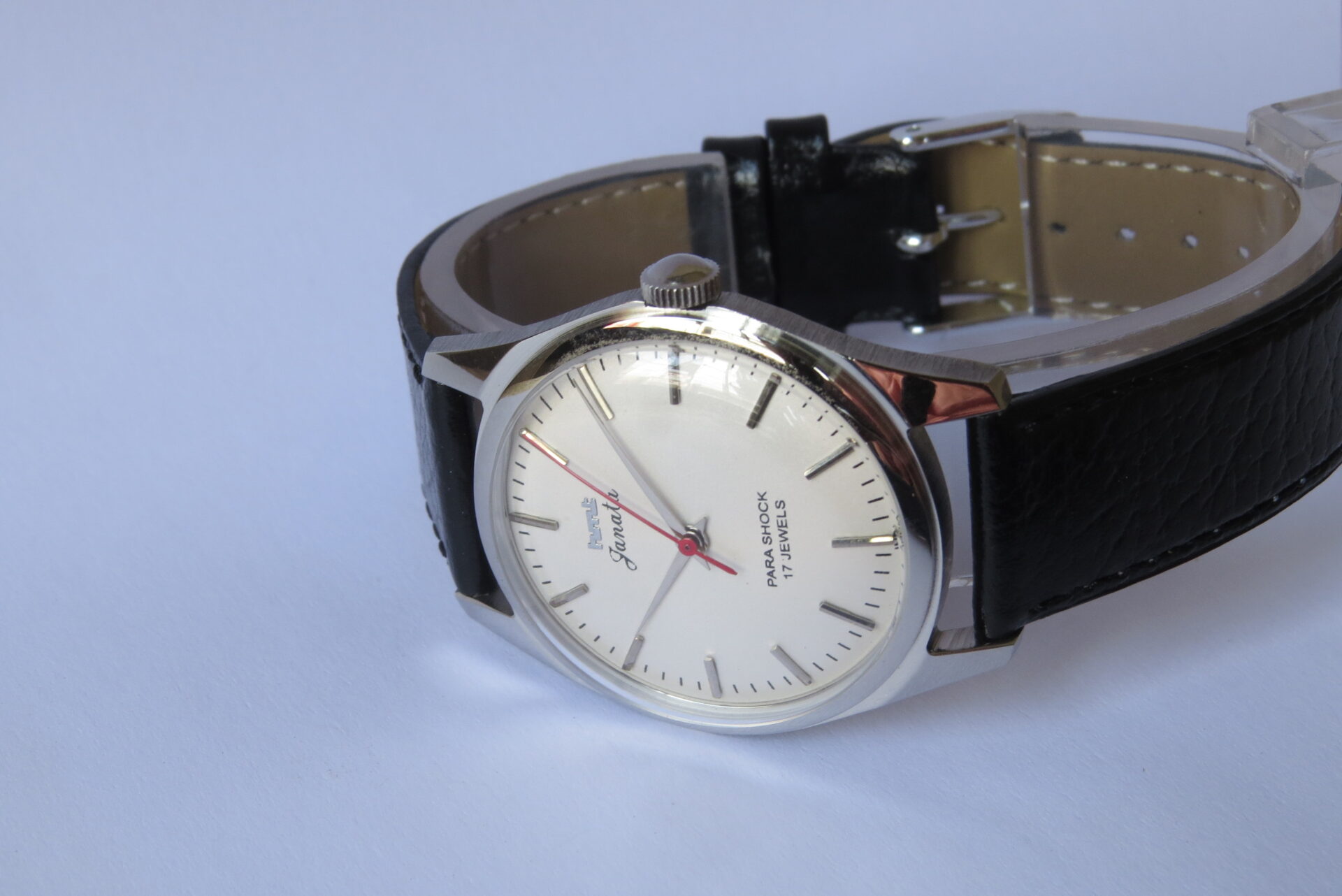 IMG_6130 Vintage HMT JANATA Hand Winding Mechanical Wrist Watch : 17 Jewels : 35 mm Case Dia : White Color Dial ( Sun Burst ) : Model. 417048 : B1521 - Image 5