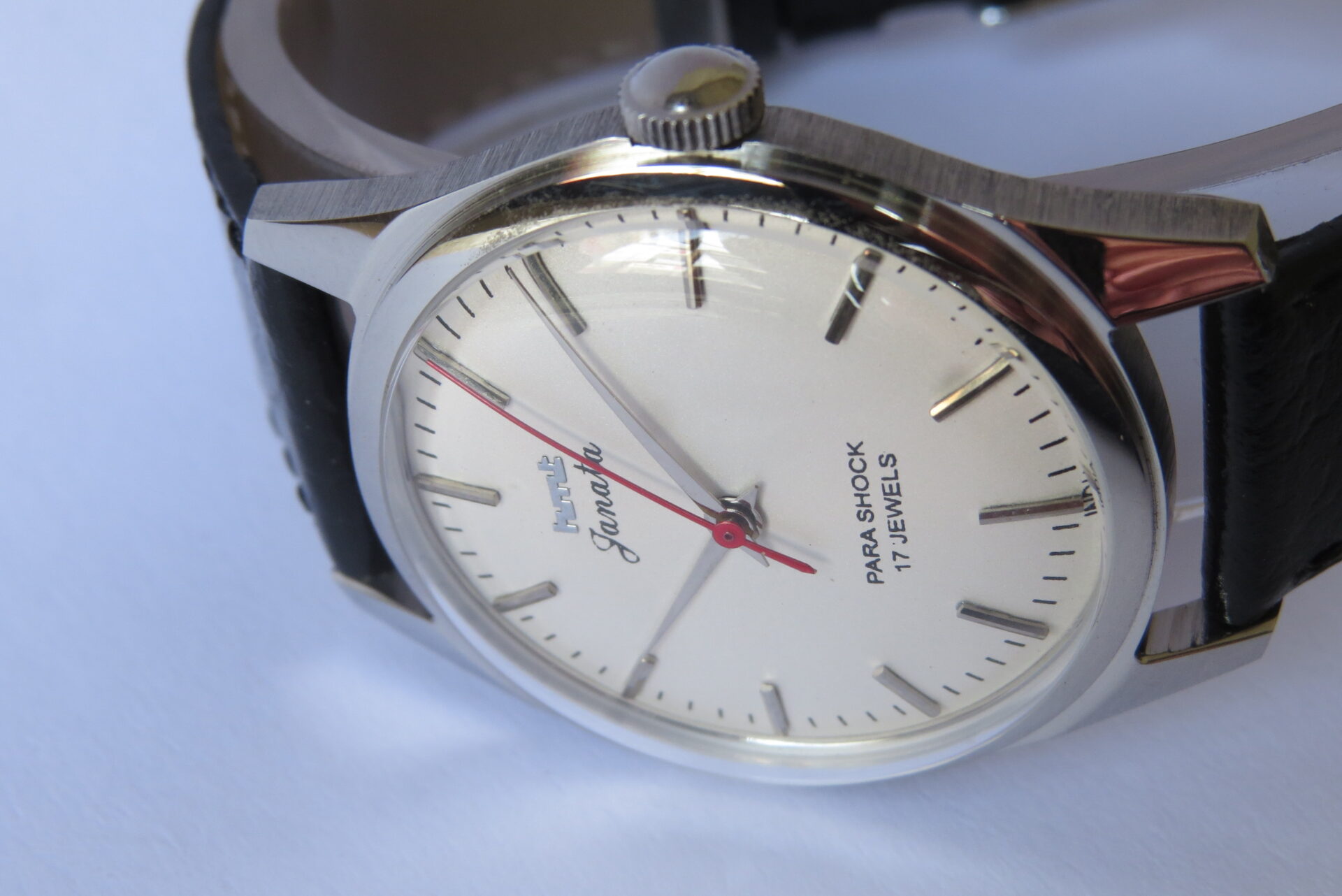 IMG_6131 Vintage HMT JANATA Hand Winding Mechanical Wrist Watch : 17 Jewels : 35 mm Case Dia : White Color Dial ( Sun Burst ) : Model. 417048 : B1521 - Image 6